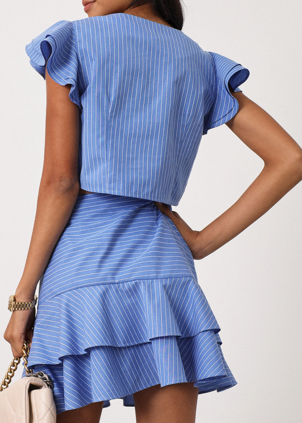 Liza Stripe Frill Sleeve Top | Blue/White