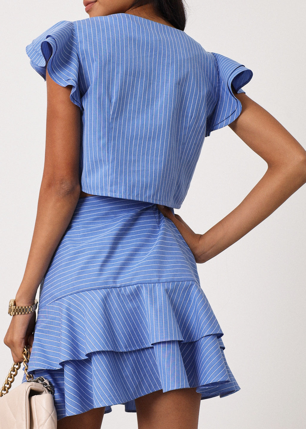 Liza Stripe Frill Sleeve Top | Blue/White
