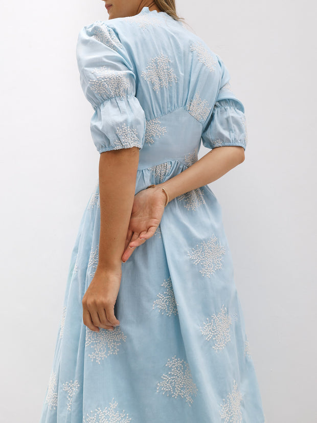 Loren Embroidered Cotton Summer Day Dress | Sky Blue