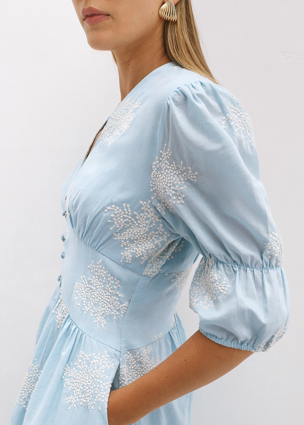 Loren Embroidered Cotton Summer Day Dress | Sky Blue