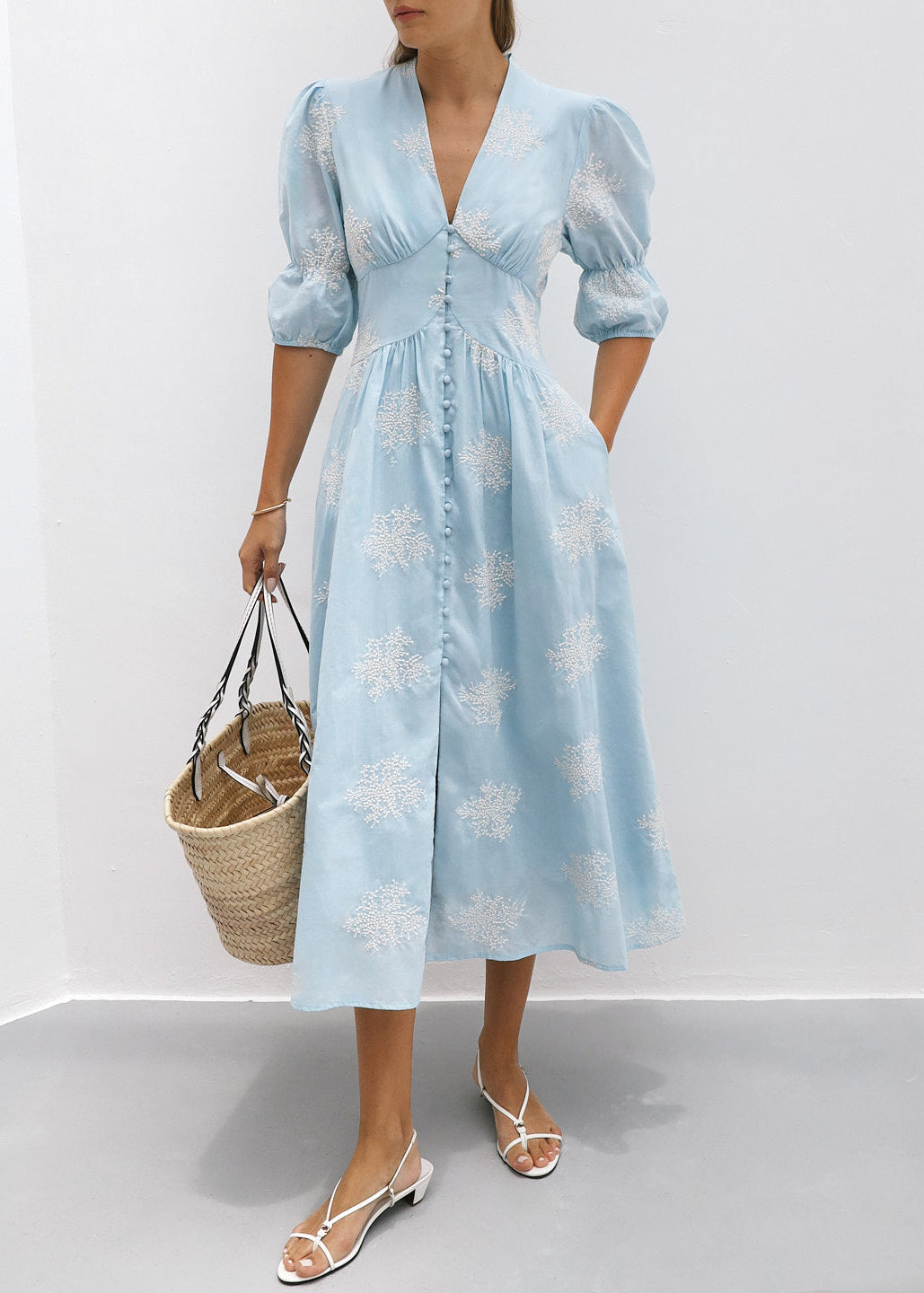 Loren Embroidered Cotton Summer Day Dress | Sky Blue