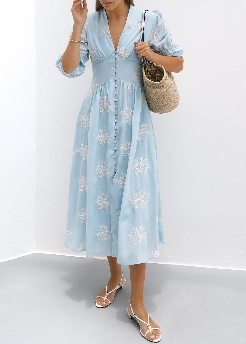 Loren Embroidered Cotton Summer Day Dress | Sky Blue