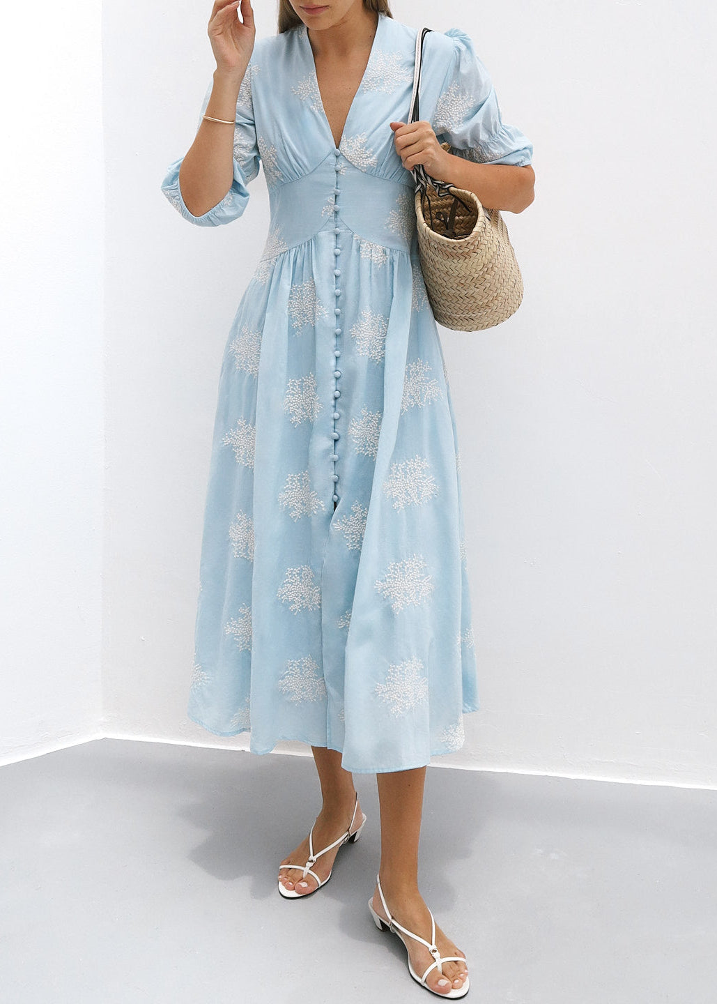 Loren Embroidered Cotton Summer Day Dress | Sky Blue