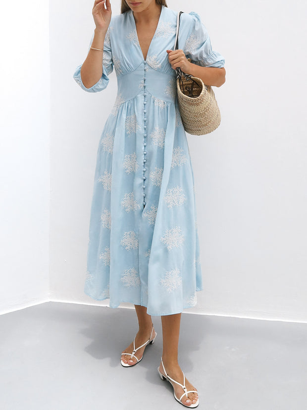 Loren Embroidered Cotton Summer Day Dress | Sky Blue