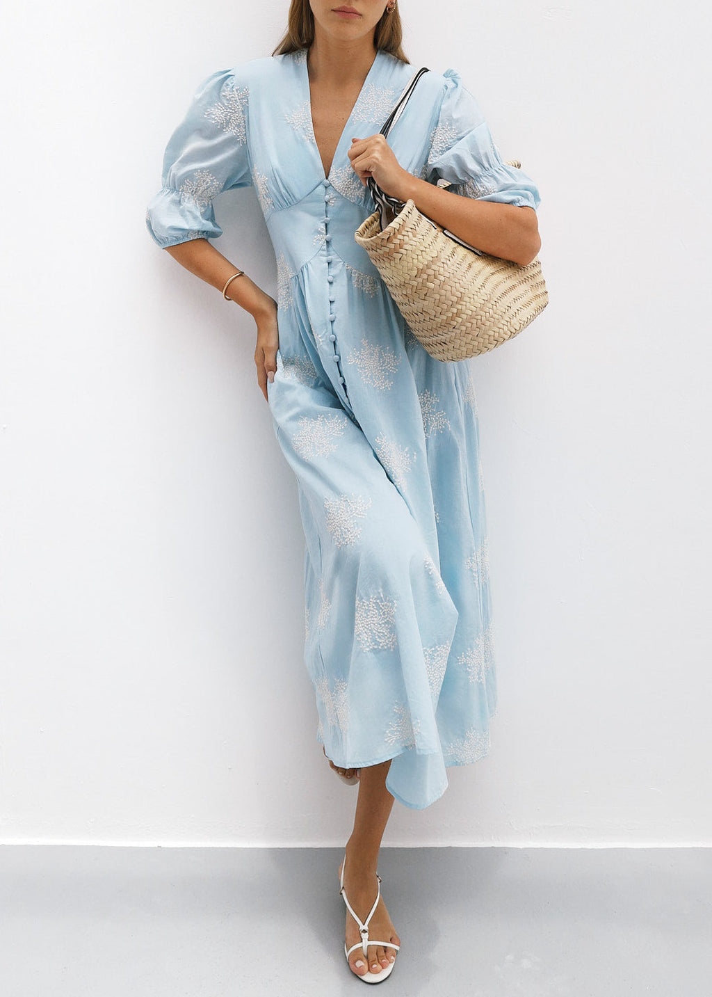 Loren Embroidered Cotton Summer Day Dress | Sky Blue