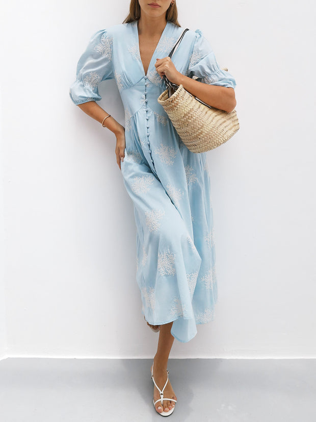 Loren Embroidered Cotton Summer Day Dress | Sky Blue