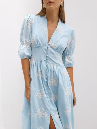 Loren Embroidered Cotton Summer Day Dress | Sky Blue