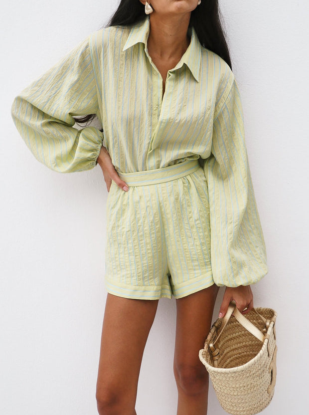 Brynn Summer Stripe Loose Fit Shirt | Lemon/Aqua