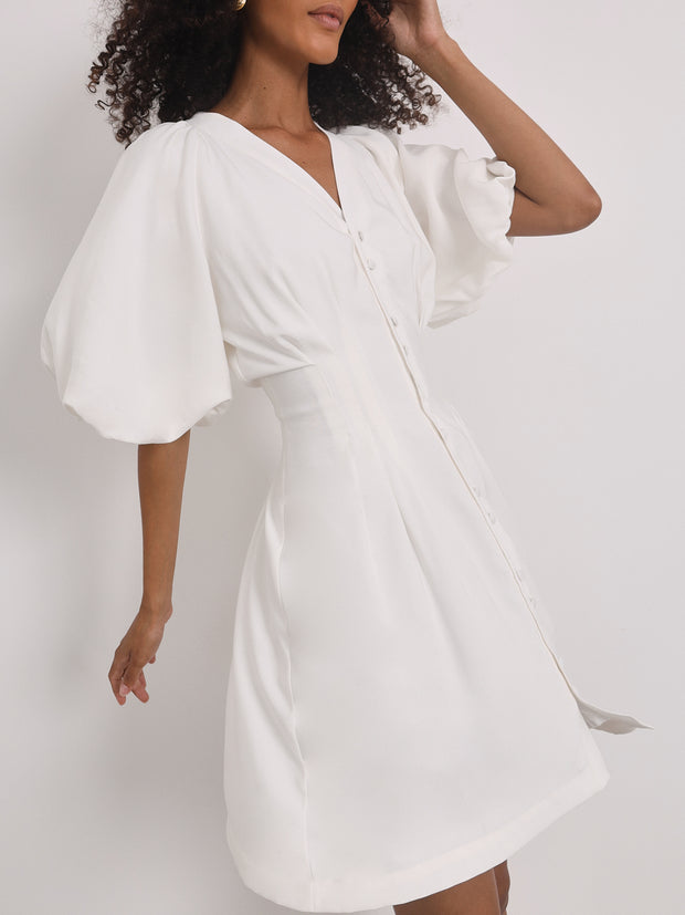 Maddie Volume Sleeve Day Dress | White