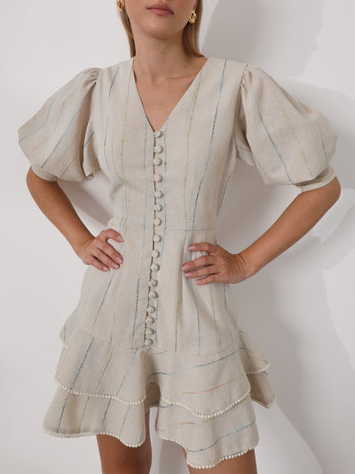 Marnie Linen Stripe Frill Dress | Stripe Beige