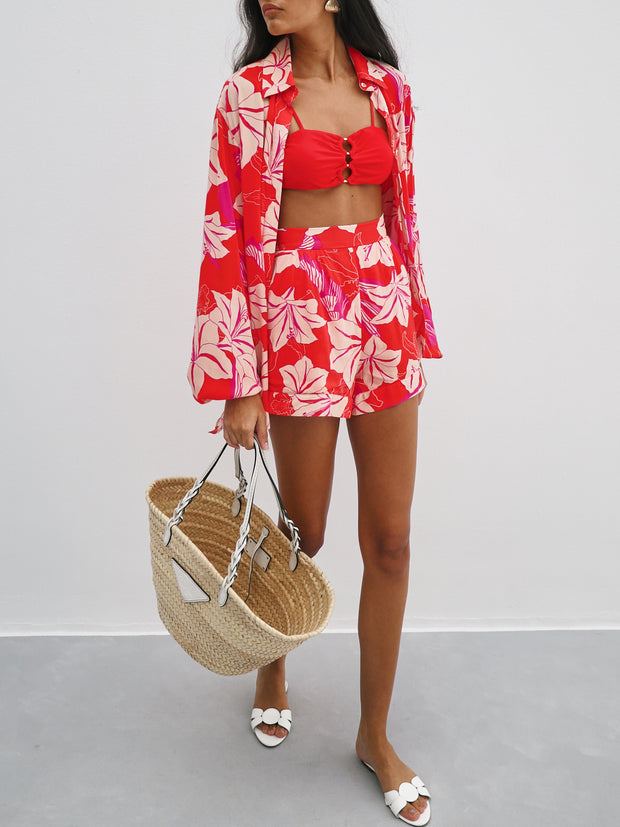 Mindy Floral Volume Sleeve Shirt | White & Red