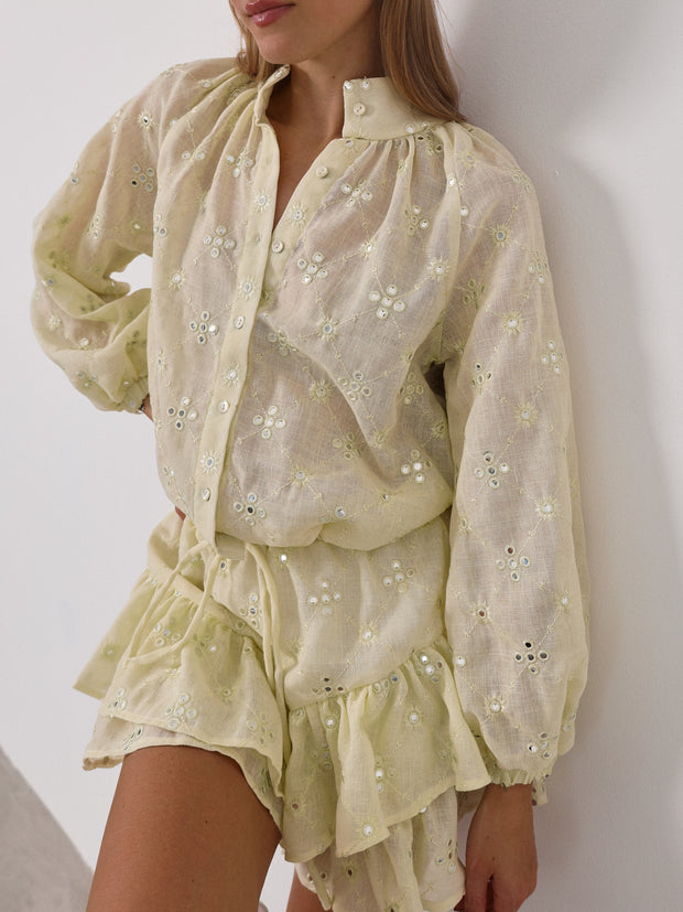 Mira Embroidered Tie Hem Shirt | Lemon Sorbet