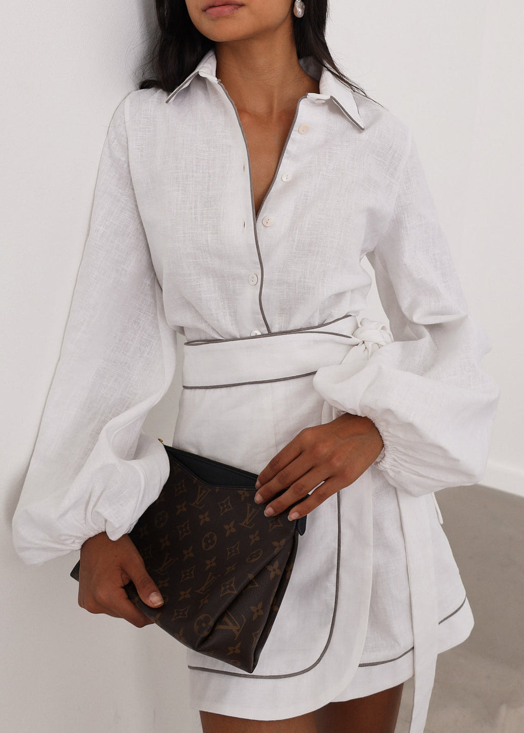 Morgan Tie Wrap Linen Skirt | White/Taupe