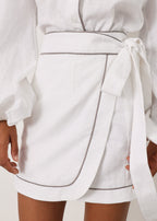 Morgan Tie Wrap Linen Skirt | White/Taupe