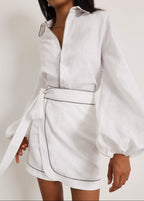 Morgan Tie Wrap Linen Skirt | White/Taupe