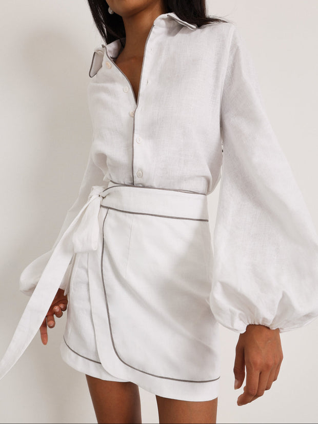 Morgan Tie Wrap Linen Skirt | White/Taupe
