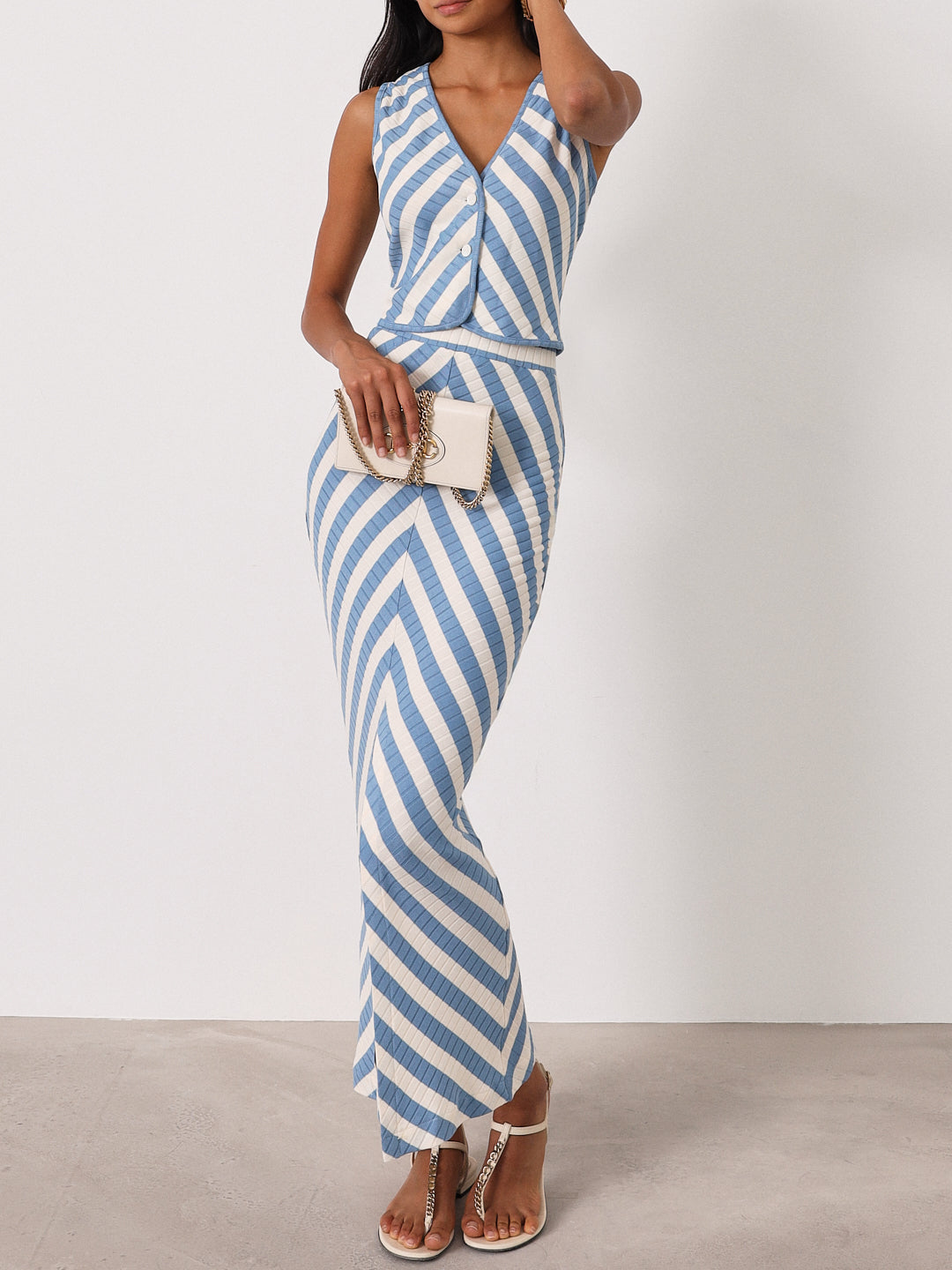 Natalia Knitted Stripe Waistcoat Top | Riviera Blue/Ivory