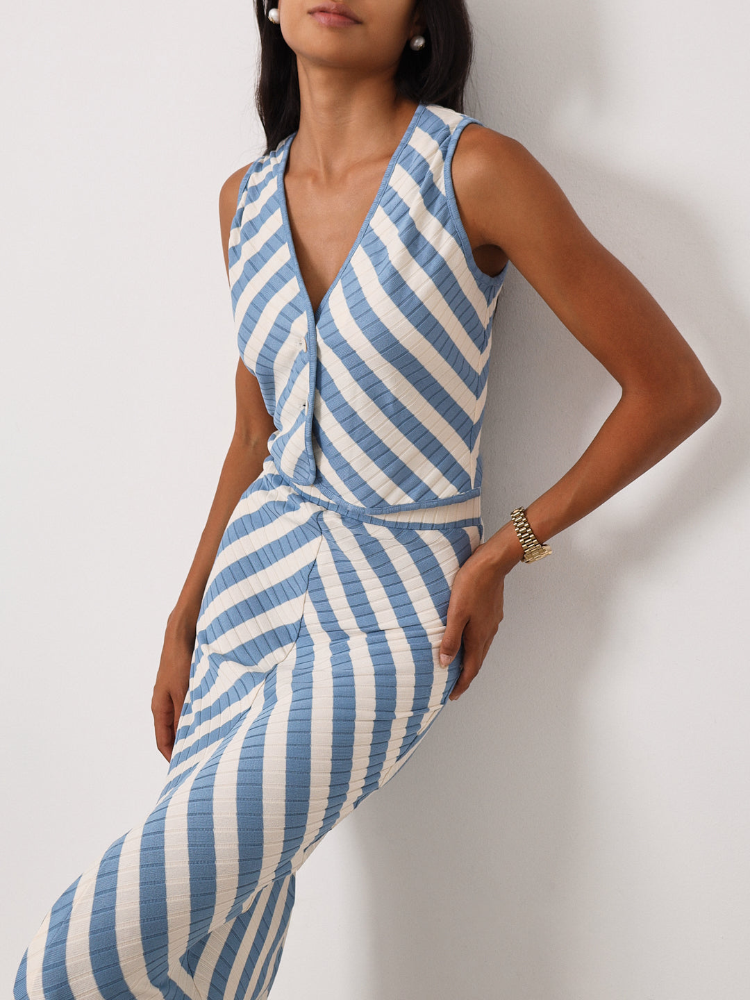 Natalia Knitted Stripe Waistcoat Top | Riviera Blue/Ivory