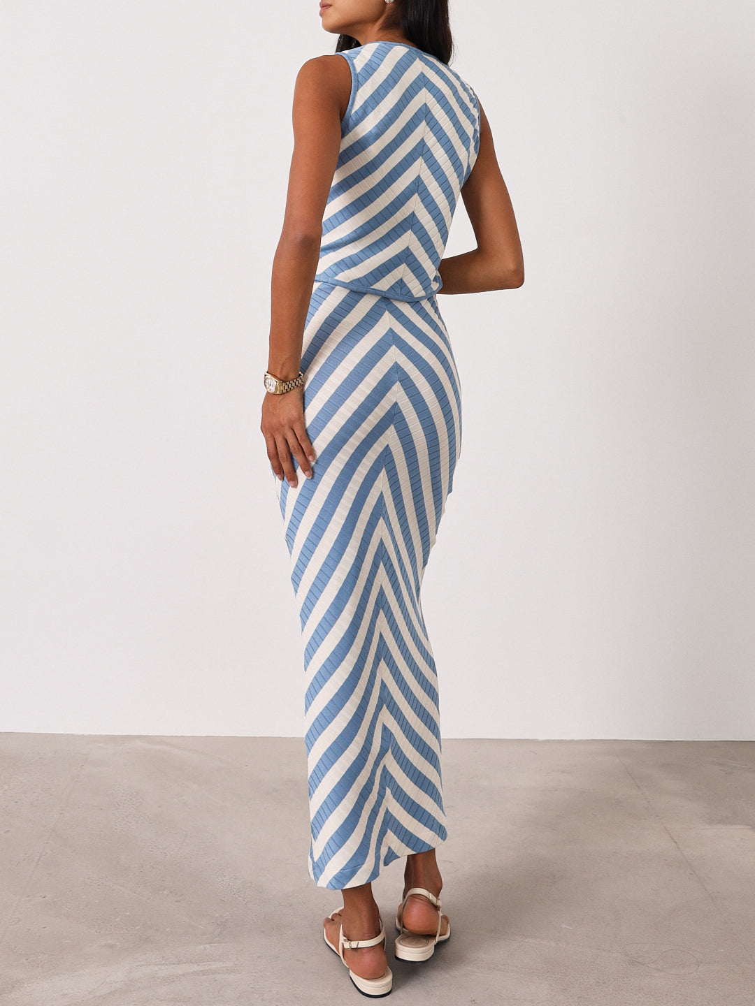 Natalia Knitted Stripe Waistcoat Top | Riviera Blue/Ivory