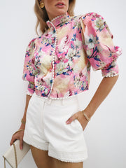 Anna Floral Puff Shoulder Blouse | Red/Pink Mix