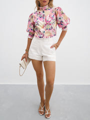 Anna Floral Puff Shoulder Blouse | Red/Pink Mix