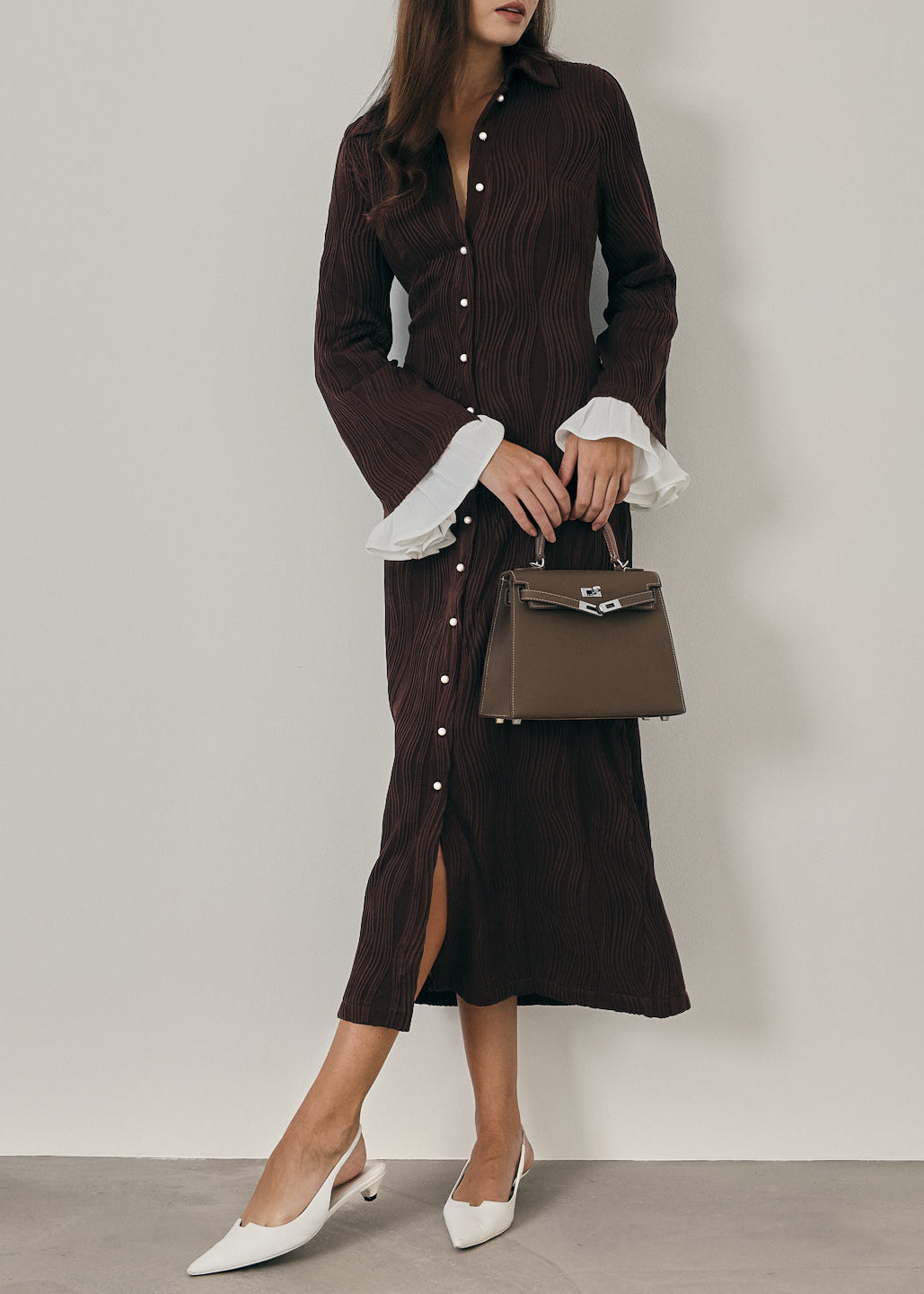 Nikita Textured Pearl Button Dress | Mocha