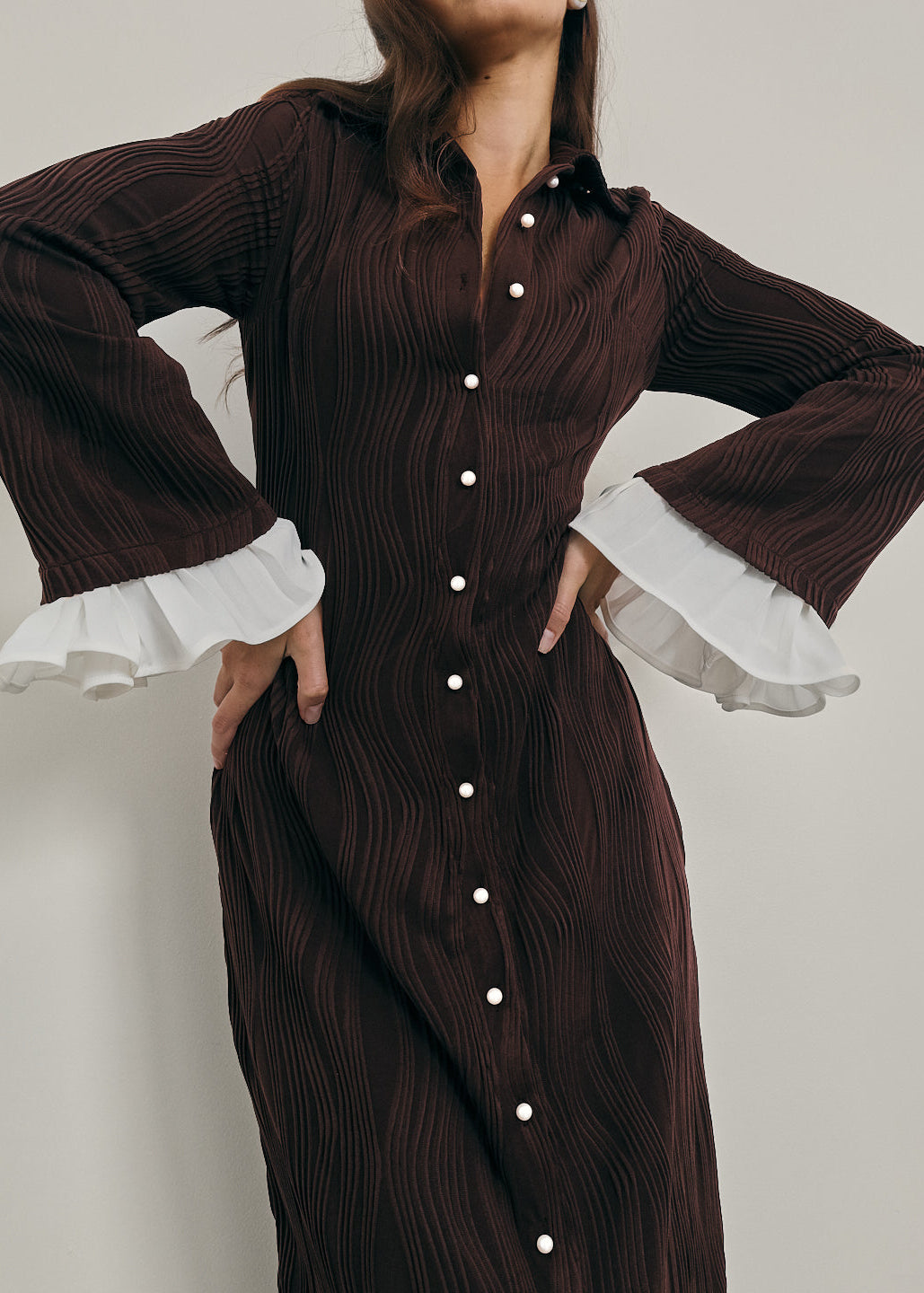 Nikita Textured Pearl Button Dress | Mocha