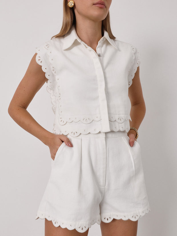 Nyla Cutwork Embroidery Denim Shorts | White