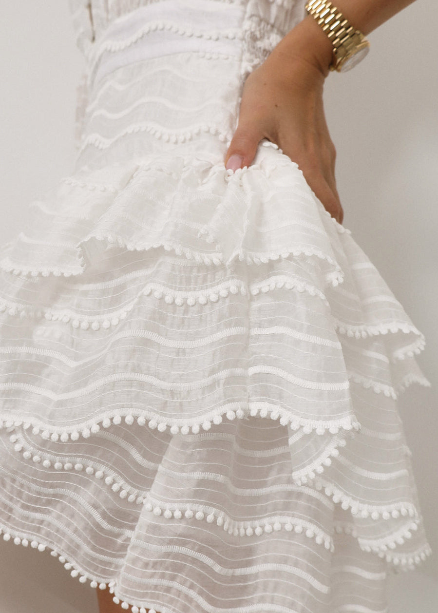 Oceane Embroidered Trim Frill Dress | Island White