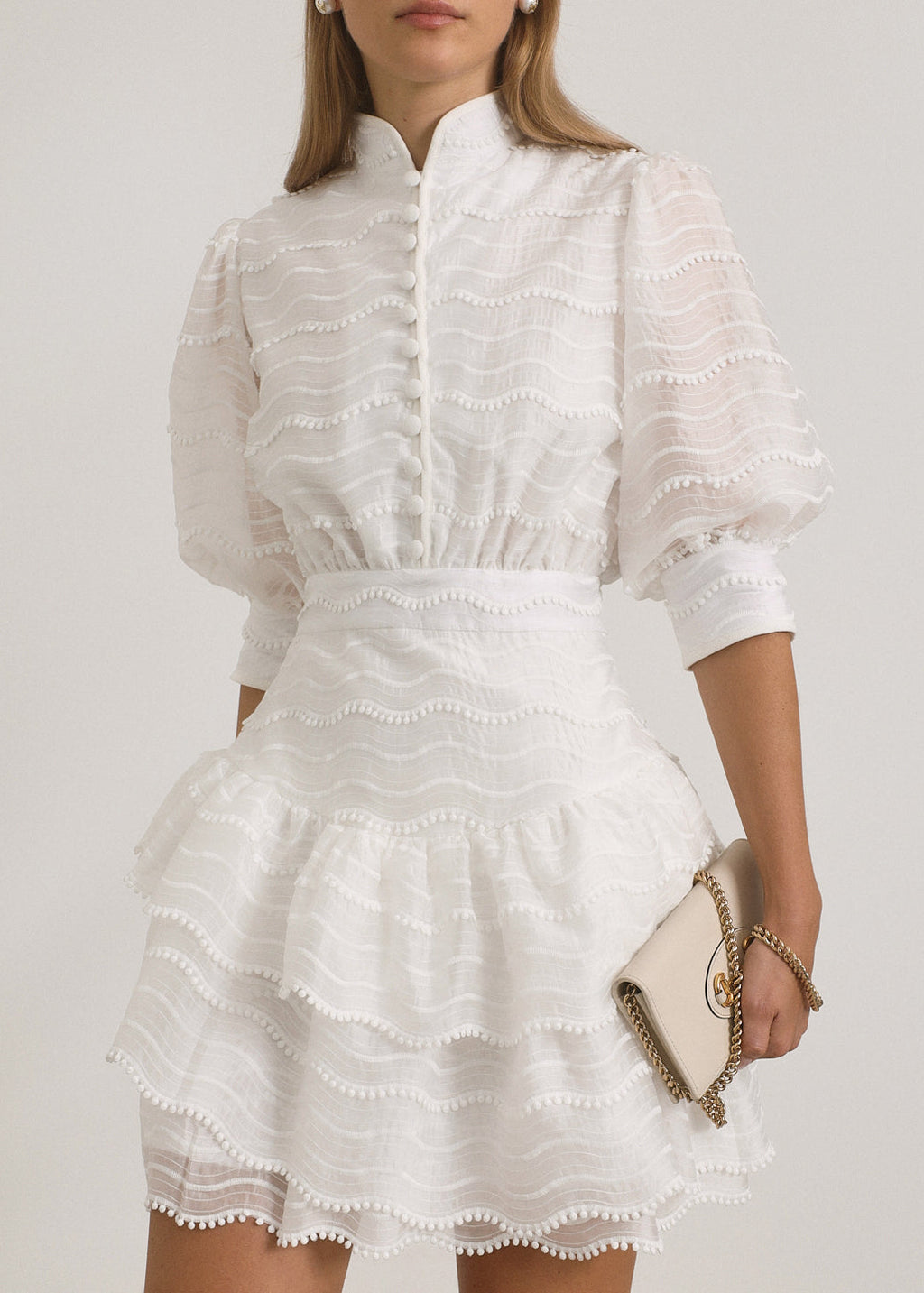 Oceane Embroidered Trim Frill Dress | Island White