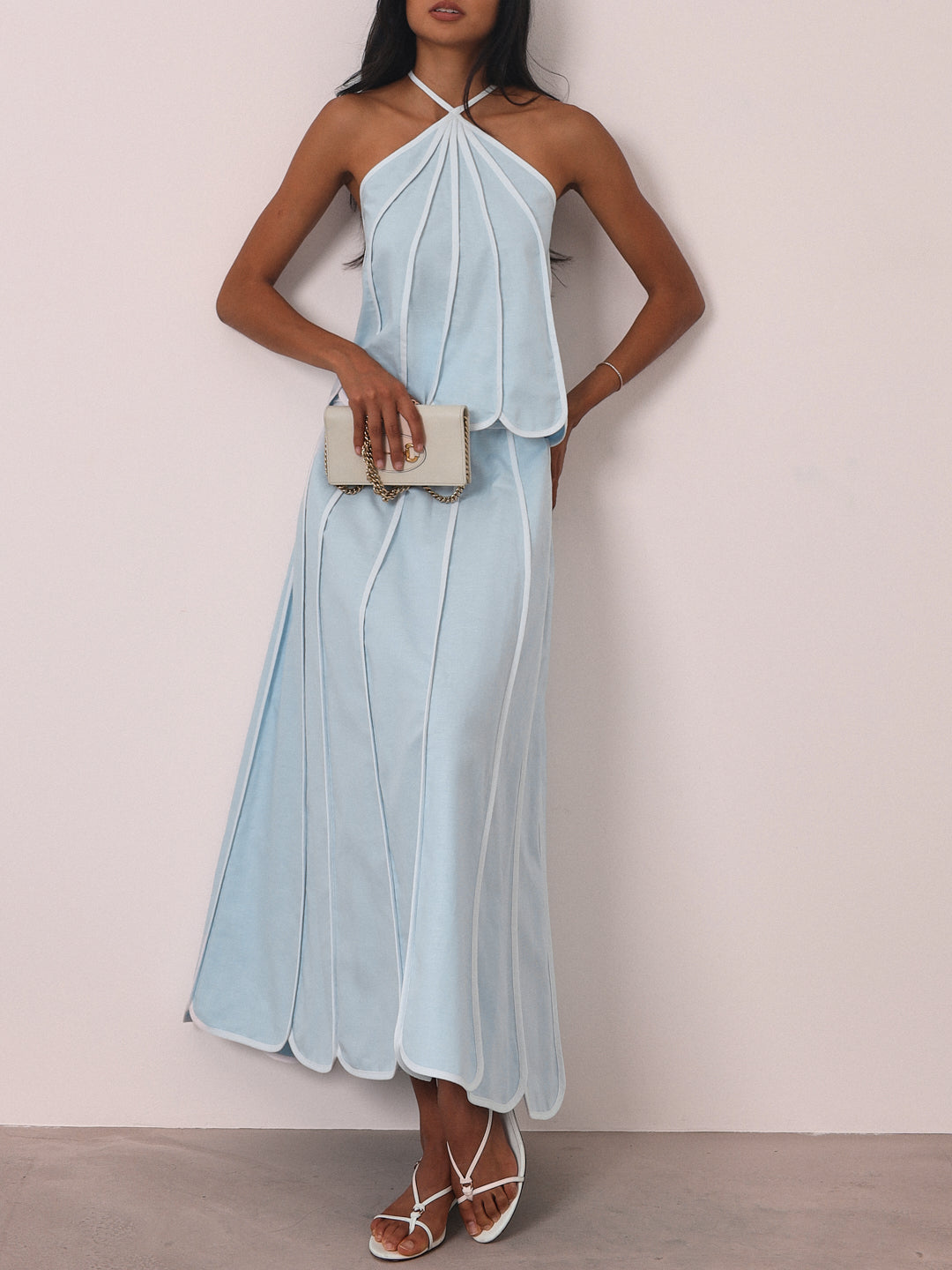 Avina Panelled Resort Maxi Skirt | Pastel Blue/White