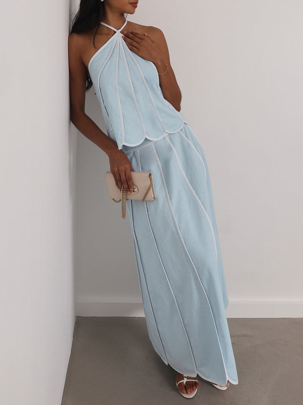 Avina Panelled Resort Maxi Skirt | Pastel Blue/White