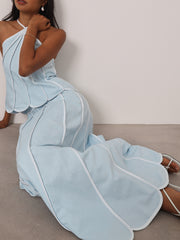 Avina Panelled Resort Maxi Skirt | Pastel Blue/White
