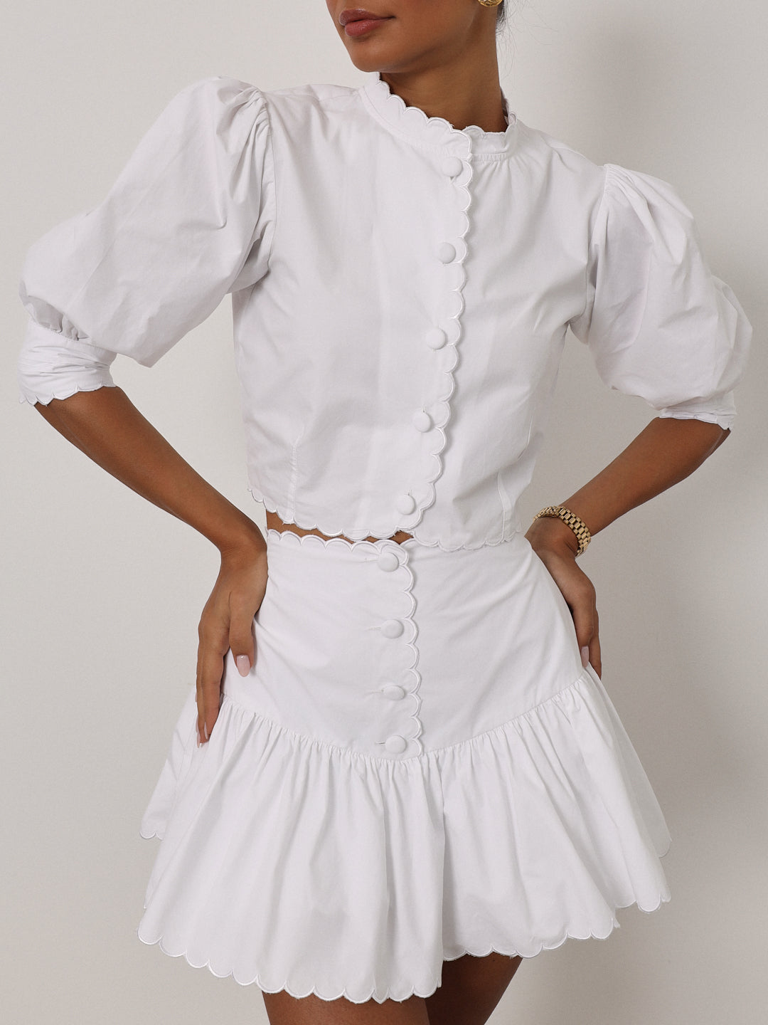 Paulette Scalloped Cotton Skort | White