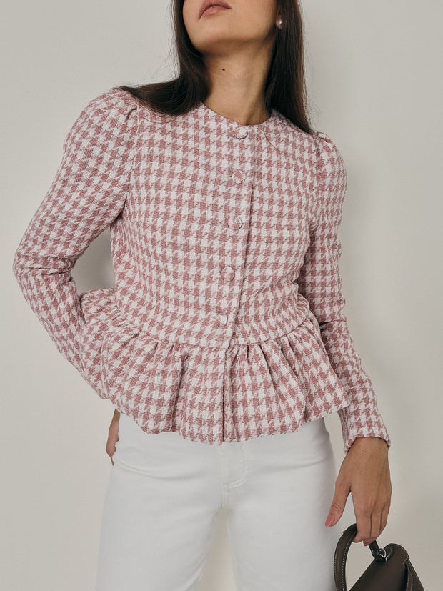 Roanne Peplum Hem Checked Jacket | Pink/ White