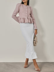 Roanne Peplum Hem Checked Jacket | Pink/ White