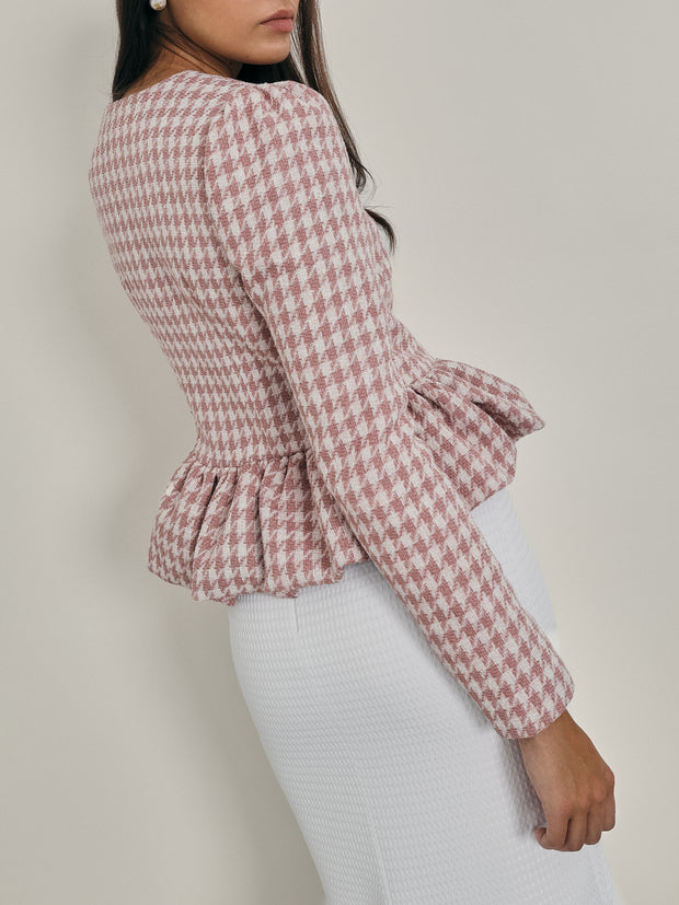 Roanne Peplum Hem Checked Jacket | Pink/ White