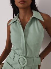 Zena Fit & Flare Belted Denim Dress | Pistachio