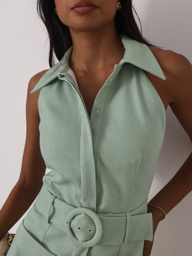 Zena Fit & Flare Belted Denim Dress | Pistachio