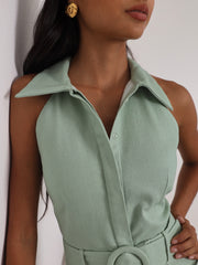 Zena Fit & Flare Belted Denim Dress | Pistachio