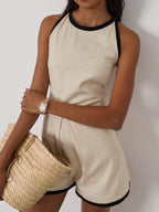 Claudia Contrast Linen Playsuit | Almond/Black