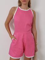 Claudia Contrast Linen Playsuit | Pink/White