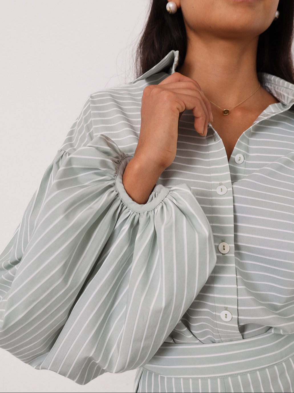 Resort Volume Sleeve Shirt | Pistachio/White