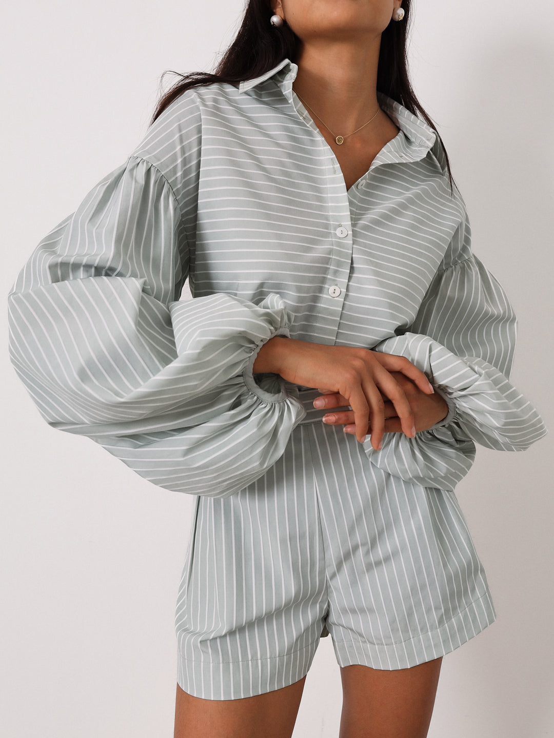 Resort Volume Sleeve Shirt | Pistachio/White