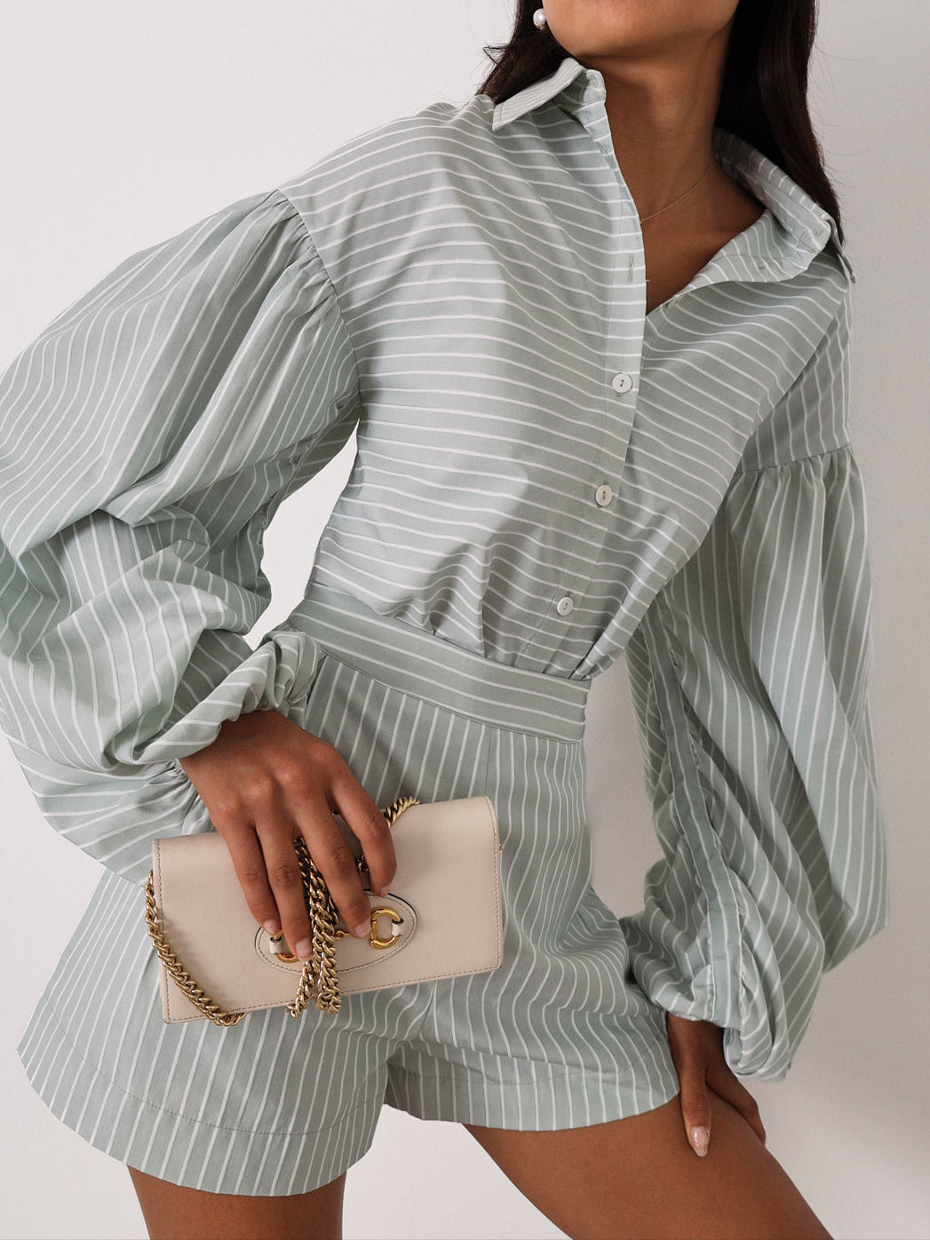 Resort Volume Sleeve Shirt | Pistachio/White