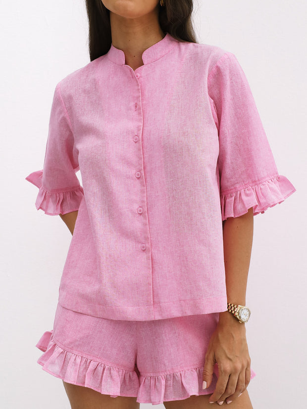 Riviera Frill Sleeve Shirt | Flamingo Pink