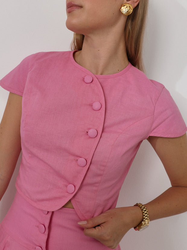 Rossala Linen Button Top | Sunset Pink