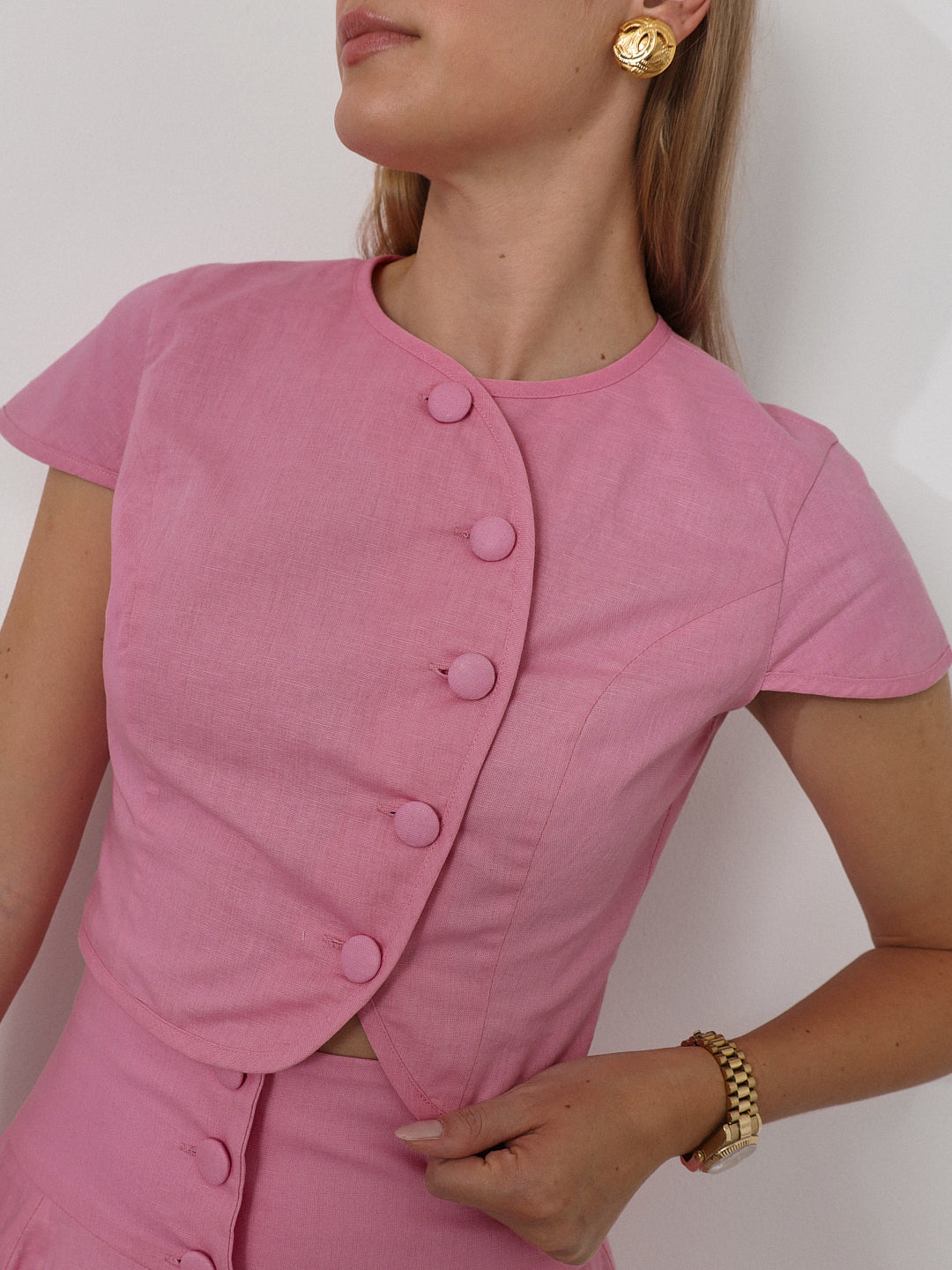 Rossala Linen Button Top | Sunset Pink