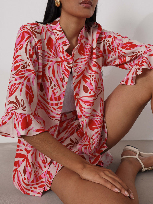 Rya Printed Frill Shirt | Red/Pink