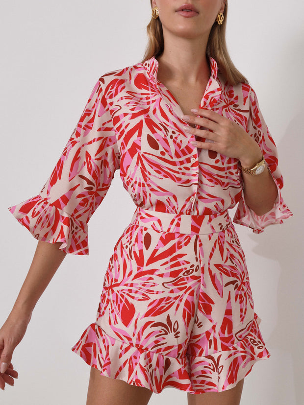 Rya Printed Frill Shirt | Red/Pink